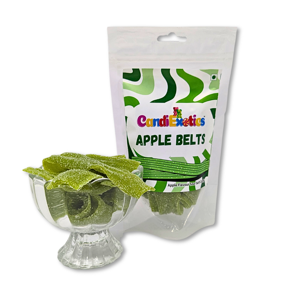 CandiExotics Vegan Apple Flavor Belts Strips Gummy Candies Sour Soft Jelly Candy Perfect for Kids and Adults alike (100gm)