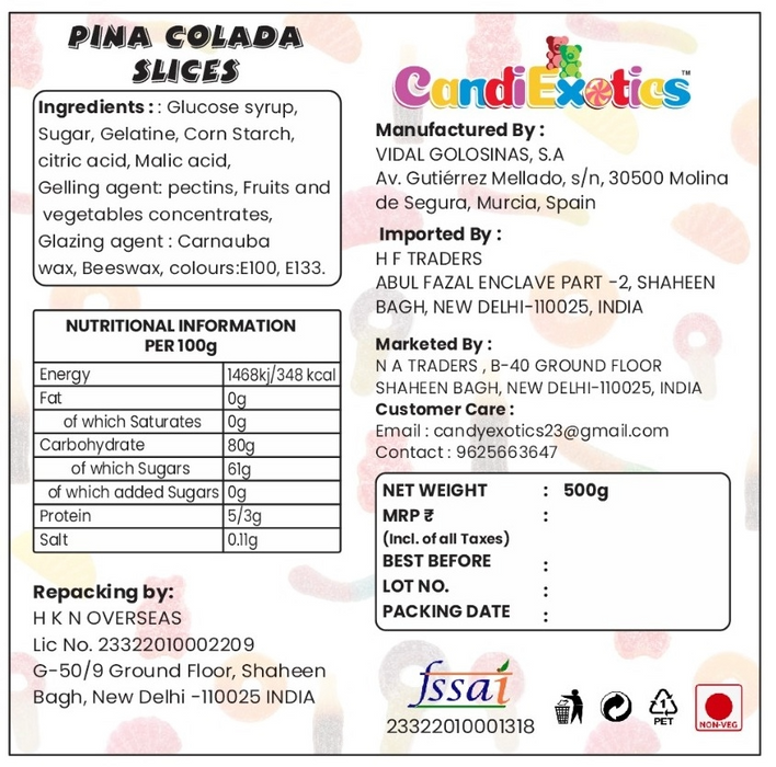 CandiExotics Pina Colada Slice Shaped Gummy Candies - Pineapple Flavored Jelly Candy Slices Kraft Gift Box (500gm)