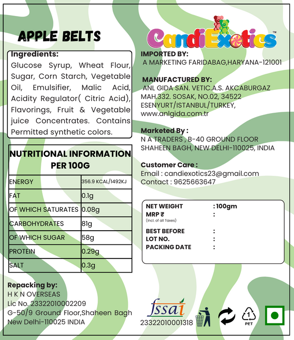 CandiExotics Vegan Apple Flavor Belts Strips Gummy Candies Sour Soft Jelly Candy Perfect for Kids and Adults alike (100gm)