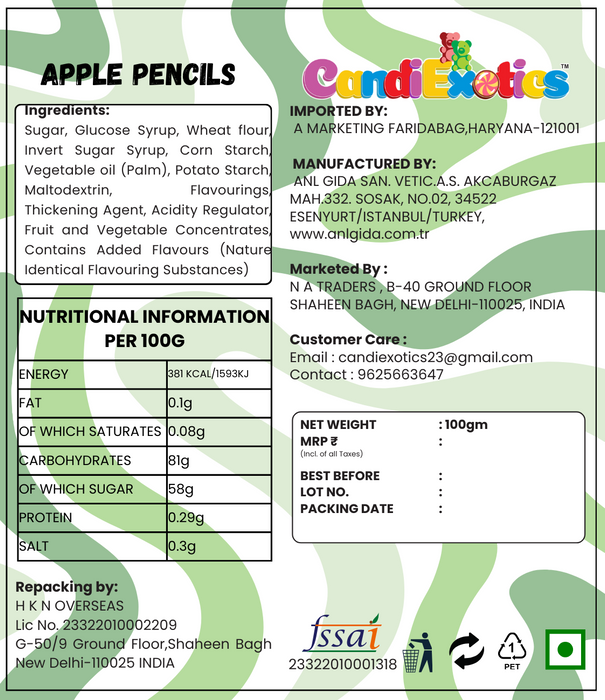 CandiExotics Vegan Apple Filled Pencils Liquorice Gummy Candies Soft Jelly Candy 100gm