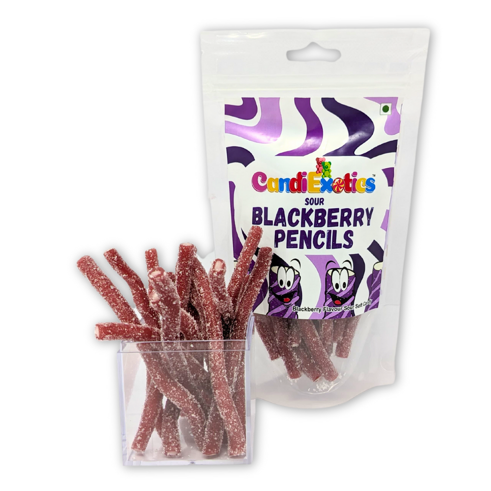 CandiExotics Vegan Sour Blackberry Filled Pencils Liquorice Gummy Candies Soft Jelly Candy 100gm