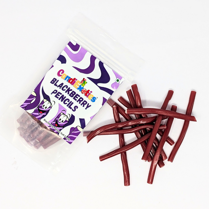 CandiExotics Vegan Blackberry Filled Pencils Liquorice Gummy Candies Soft Jelly Candy 100gm