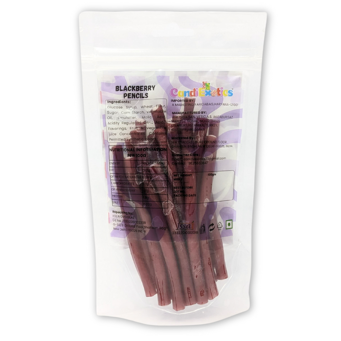 CandiExotics Vegan Blackberry Filled Pencils Liquorice Gummy Candies Soft Jelly Candy 100gm