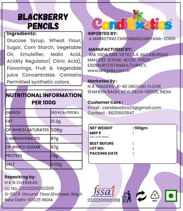 CandiExotics Vegan Blackberry Filled Pencils Liquorice Gummy Candies Soft Jelly Candy 100gm