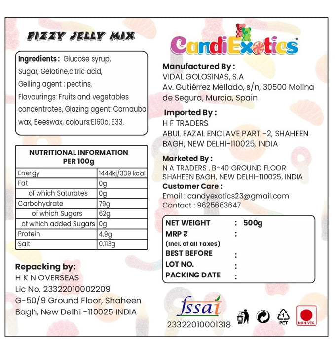 CandiExotics Fizzy Jelly Mix Shaped Gummy Candies - Assorted Fruit Flavored Jelly Candy Perfect for Kids and Adults alike (500gm)