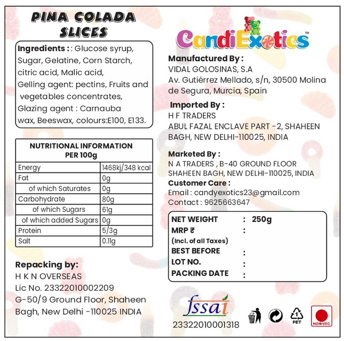 CandiExotics Pina Colada Slice Shaped Gummy Candies - Pineapple Flavored Jelly Candy Slices Perfect for Kids and Adults alike (250gm)