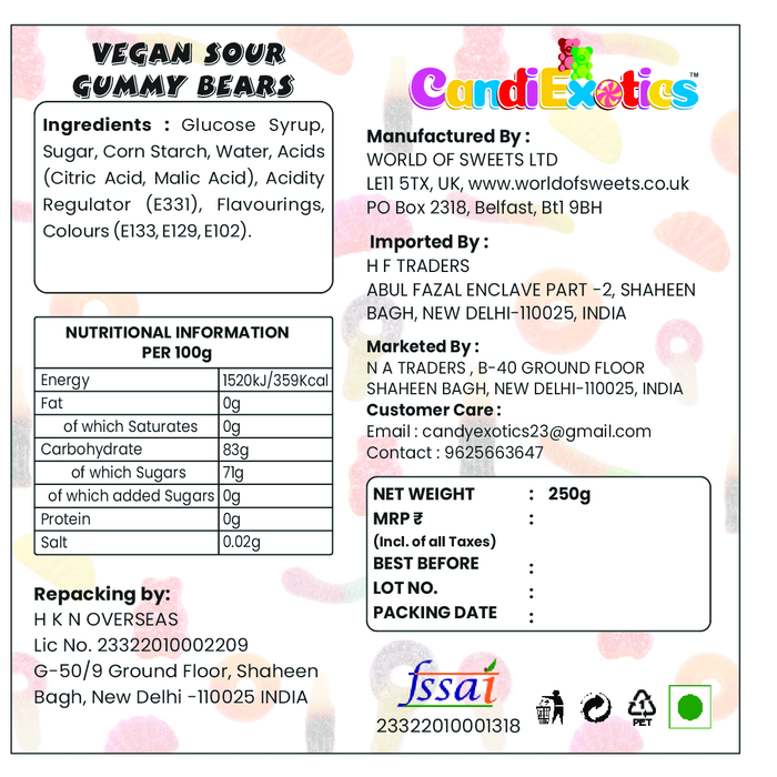 CandiExotics Vegan Sour Gummy Bear Gummy Candies - Fruit Flavored Jelly Candy Perfect for Kids and Adults alike (250gm)