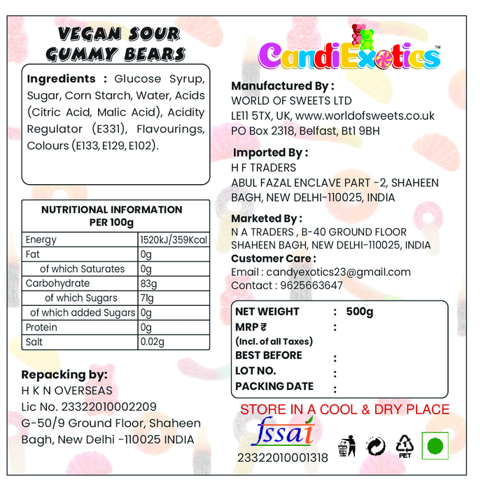 CandiExotics Vegan Sour Gummy Bear Gummy Candies - Fruit Flavored Jelly Candy Perfect for Kids and Adults alike (500gm)